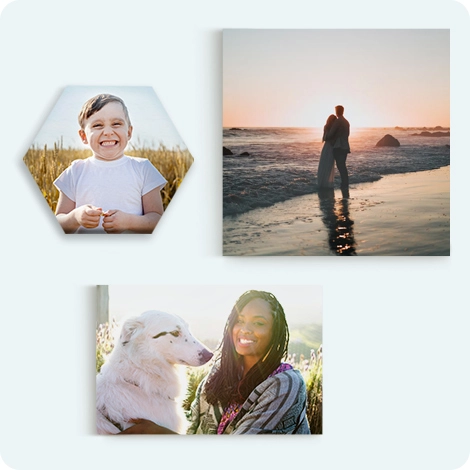 Snapfish Photo Tiles featuring a trio of child portraits displayed on a wall